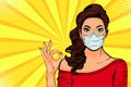 Pop art woman in protective face mask. Protection against viruses of coronavirus, bacteria, smog, COVID-19
